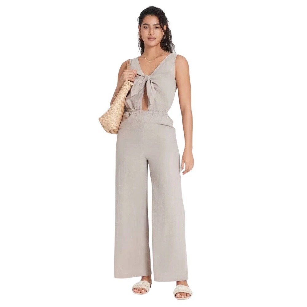 Universal Thread Women's Tan Tie Front Wide Leg Jumpsuit Size Large